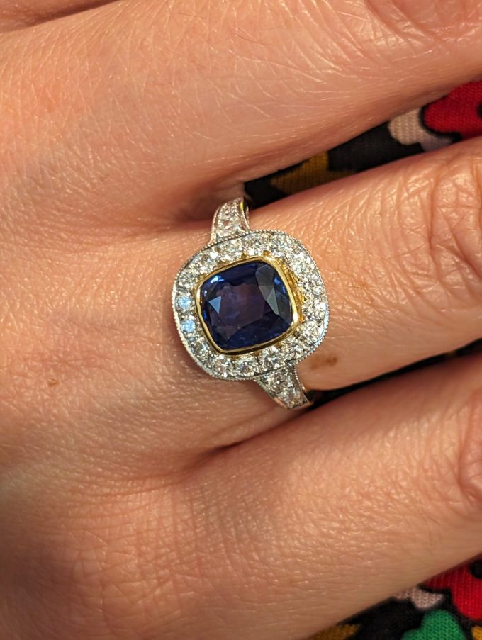 Cushion Cut Blue Sapphire and Diamond Ring