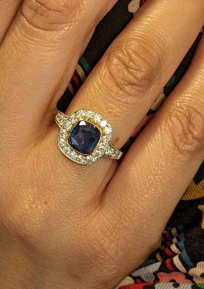 Cushion Cut Blue Sapphire and Diamond Ring