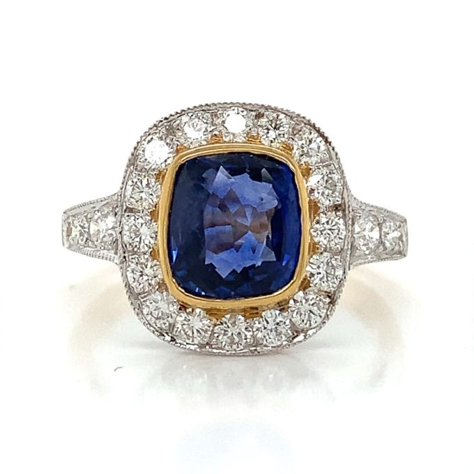 Cushion Cut Blue Sapphire and Diamond Ring