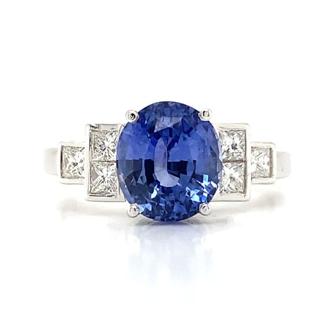 White Gold Blue Sapphire and Diamond Deco Ring