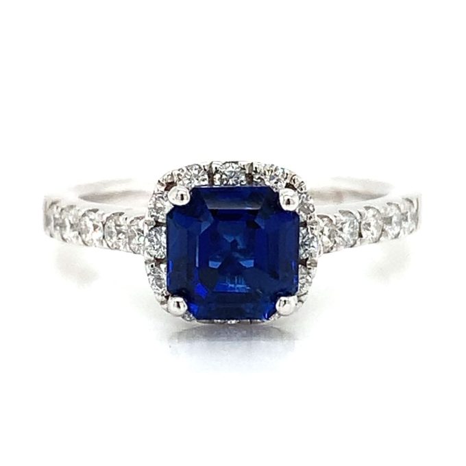 Sapphire and Diamond Halo Platinum ring
