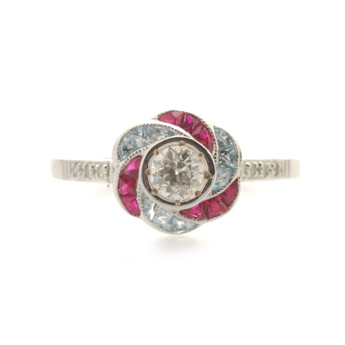 Ruby, Aquamarine and Diamond Ring