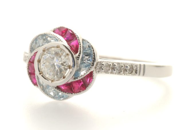 Ruby, Aquamarine and Diamond Ring