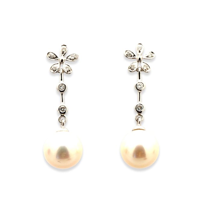White Gold Pearl and Diamond Drop Earrings