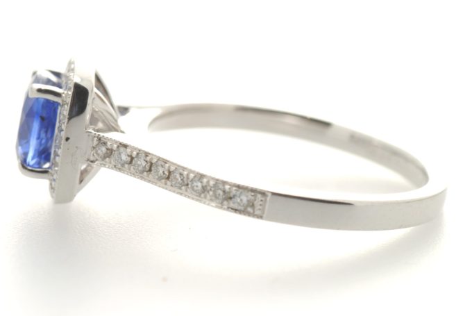 Blue Sapphire & Diamond Halo Ring