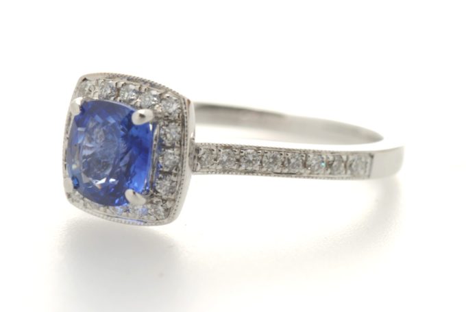 Blue Sapphire & Diamond Halo Ring