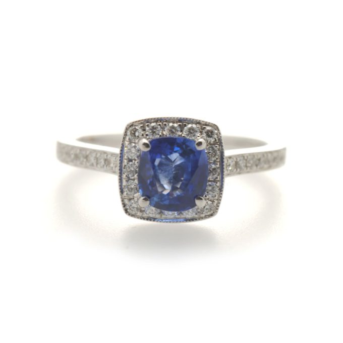 Blue Sapphire & Diamond Halo Ring