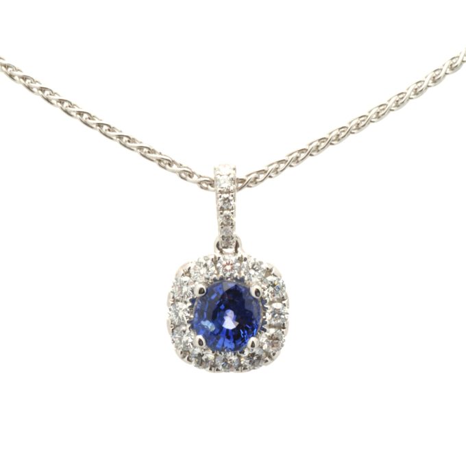 18 Carat Gold Sapphire and Diamond Halo Necklace