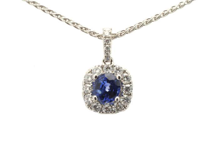 18 Carat Gold Sapphire and Diamond Halo Necklace