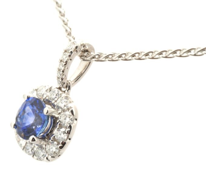 18 Carat Gold Sapphire and Diamond Halo Necklace