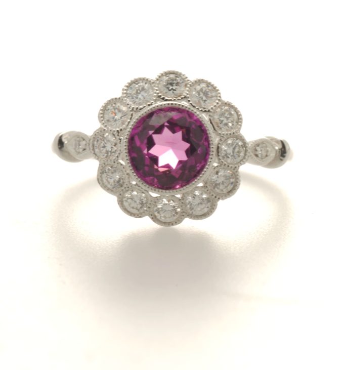 Pink Sapphire and Diamond Daisy Cluster