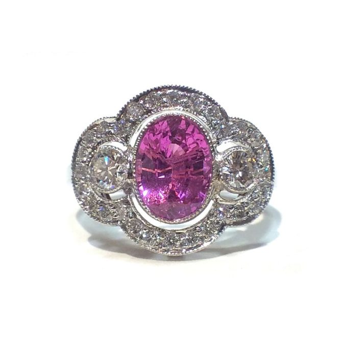 Pink Sapphire and Diamond Framed Ring