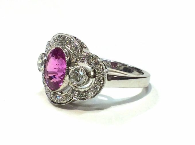 Pink Sapphire and Diamond Framed Ring