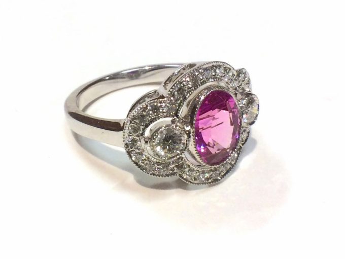 Pink Sapphire and Diamond Framed Ring