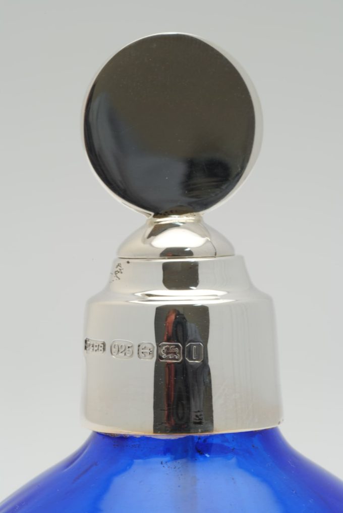 Silver and Blue Glass Perfume Bottle