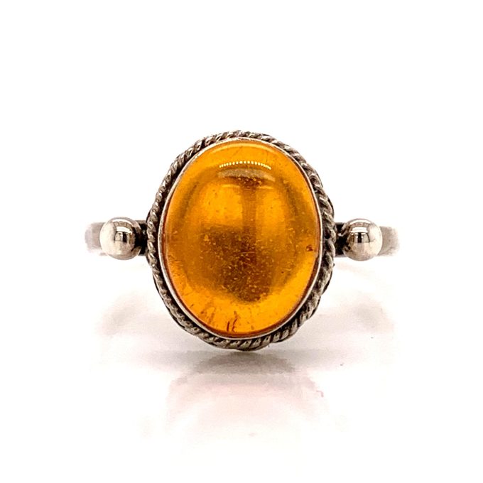 Silver Oval Amber Ring