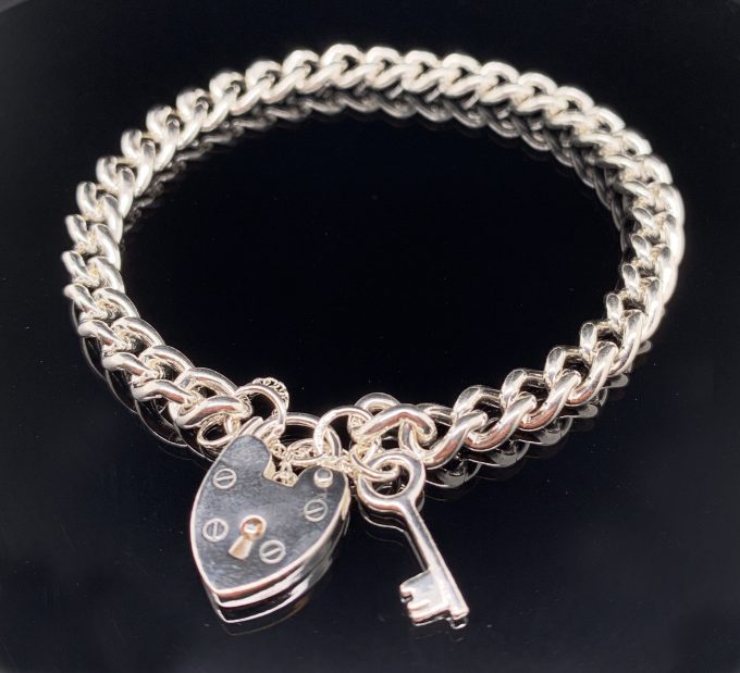 Silver Curb Link Charm Bracelet With Key Fob