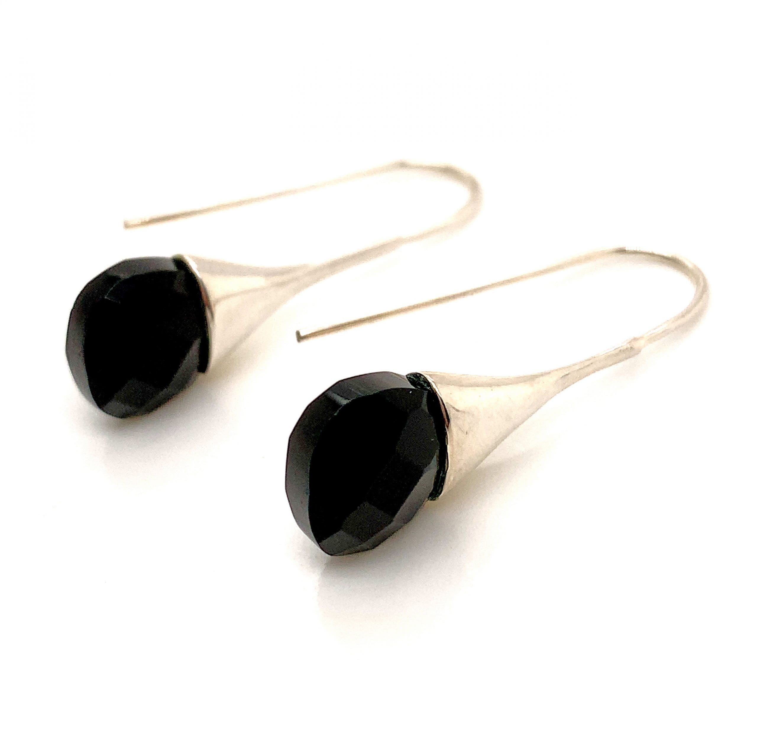 Silver Onyx Drop Hook Earrings