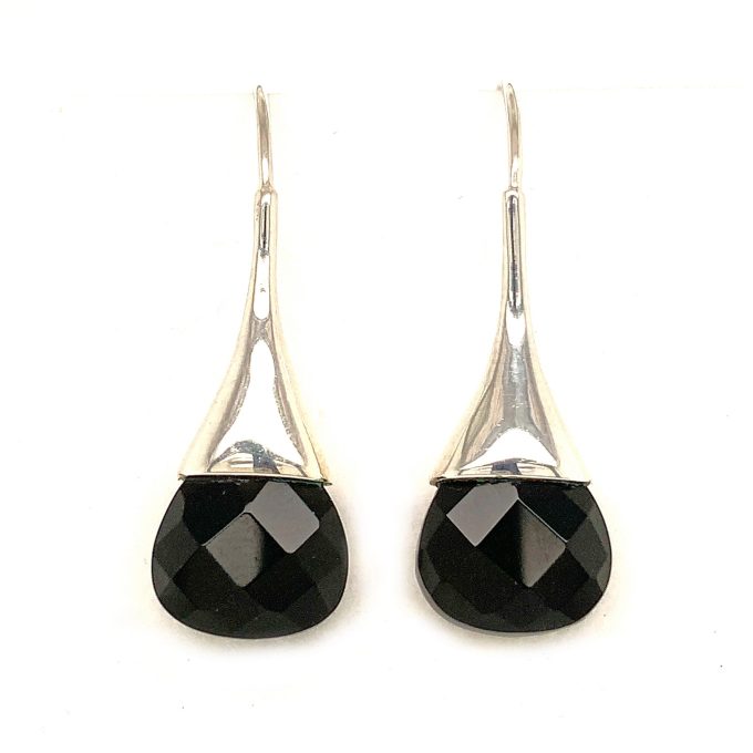 Silver Onyx Drop Hook Earrings