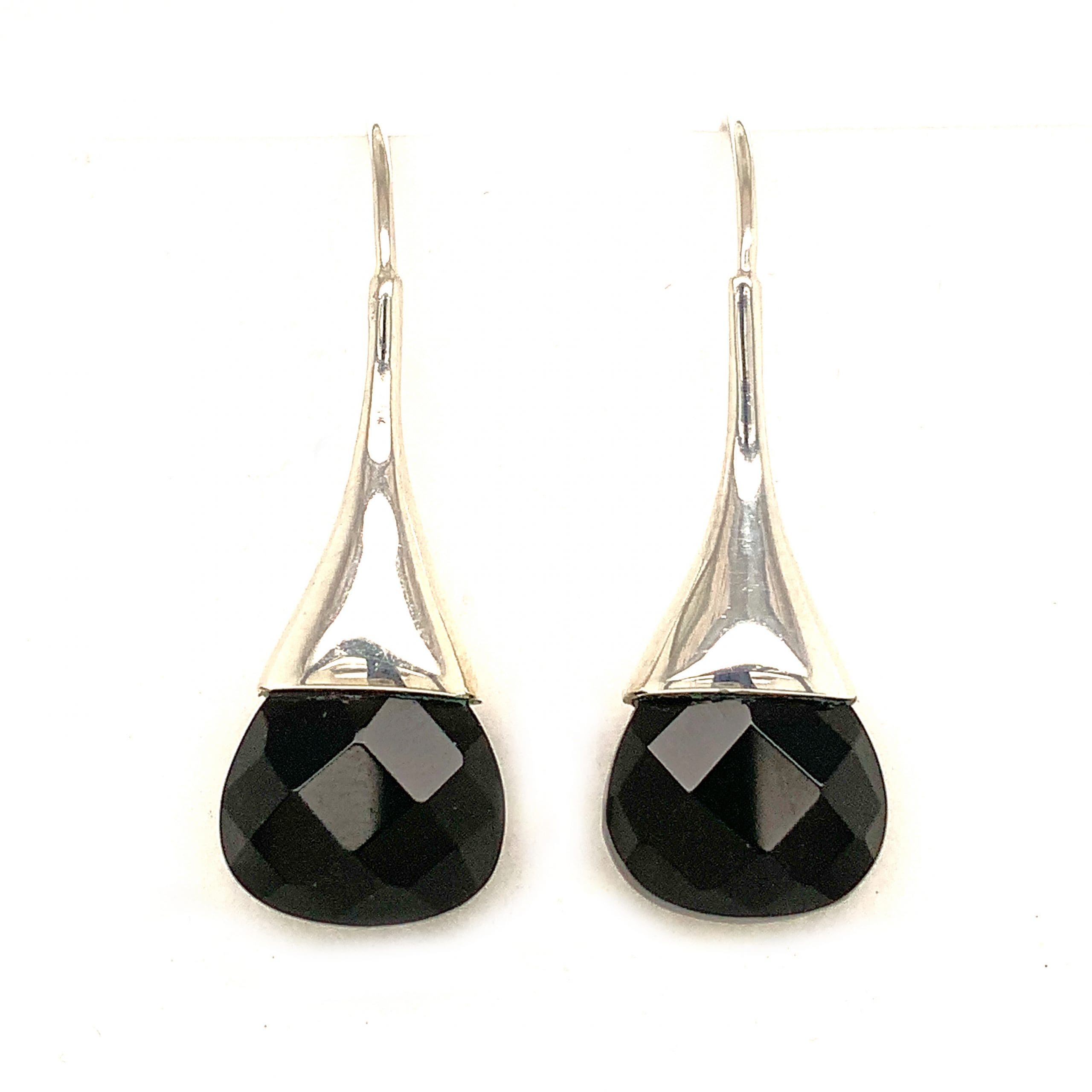 Silver Onyx Drop Hook Earrings