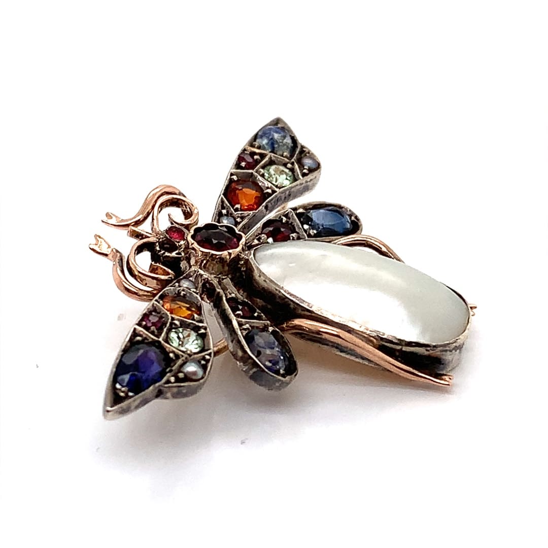 Vintage Multi Gem Gold Moth Brooch