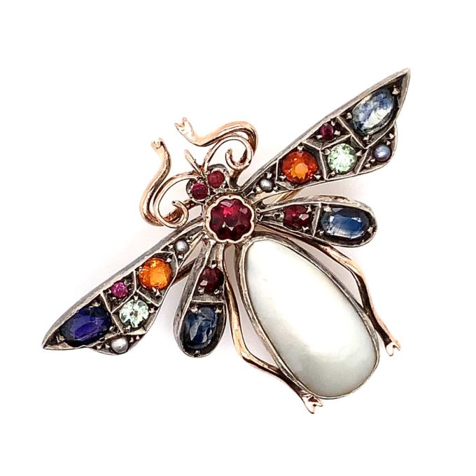 Vintage Multi Gem Gold Moth Brooch