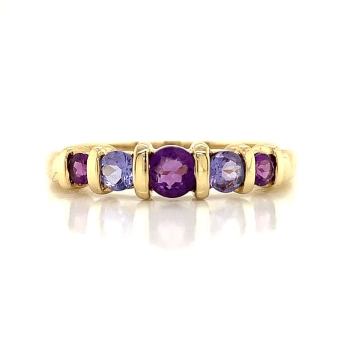Yellow Gold Amethyst and Tanzanite Eternity Ring