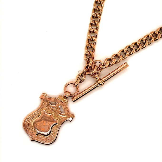Rose Gold Double Albert Watch Chain with Shield Fob