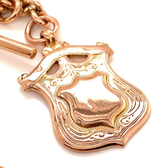 Rose Gold Double Albert Watch Chain with Shield Fob