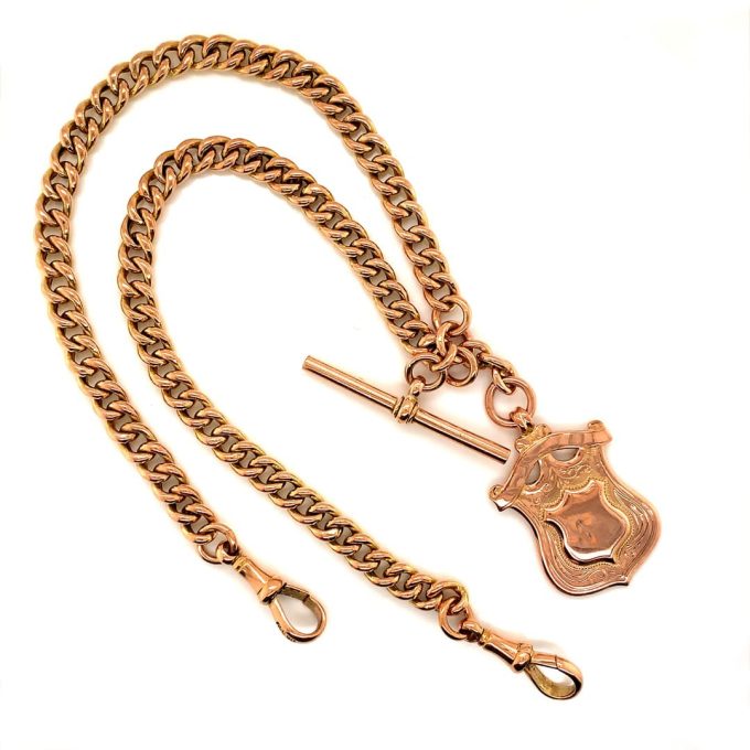 Rose Gold Double Albert Watch Chain with Shield Fob