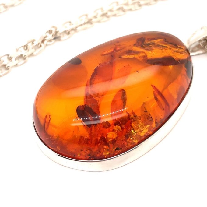 Large Amber Cabochon Silver Necklace
