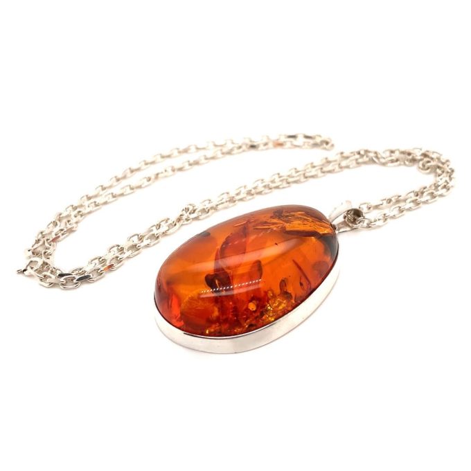 Large Amber Cabochon Silver Necklace