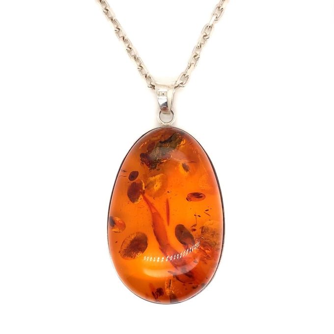 Large Amber Cabochon Silver Necklace