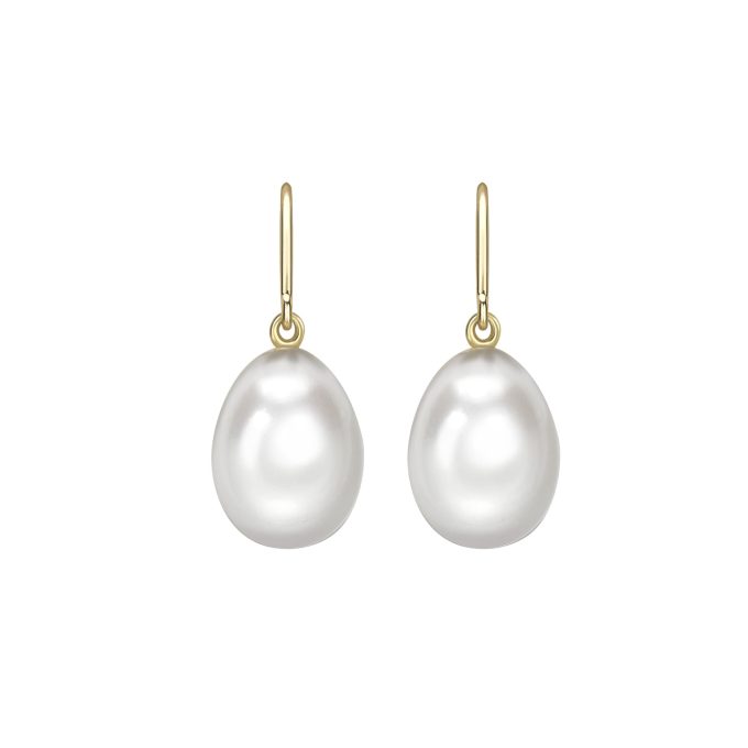 Yellow Gold Oval Pearl Hook Drop Earrings