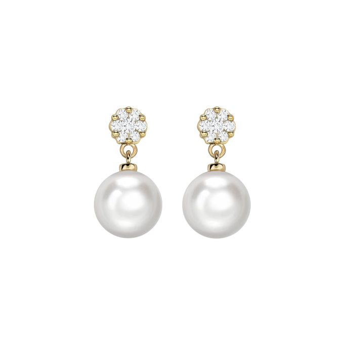 Gold Pearl and Diamond Stud Earrings