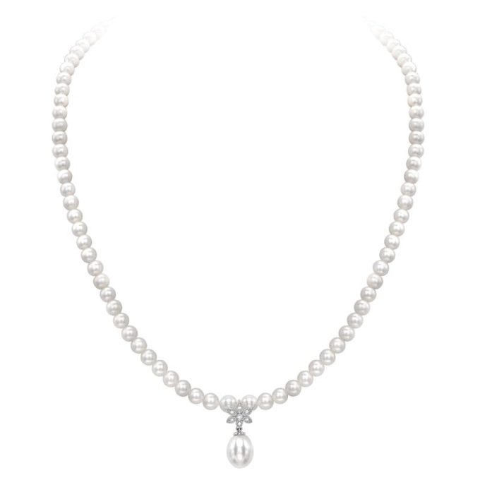 Pearl and Diamond Flower Drop Necklace
