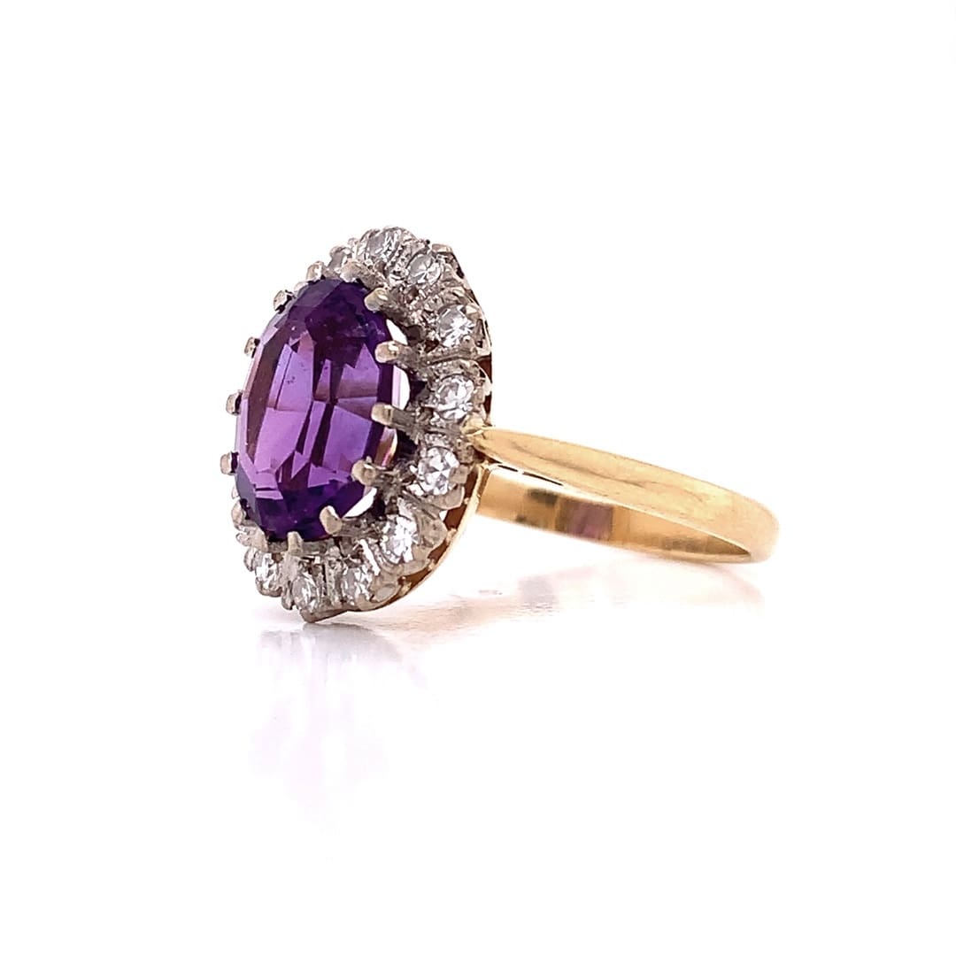 1980's Amethyst and Diamond Cluster Gold Ring