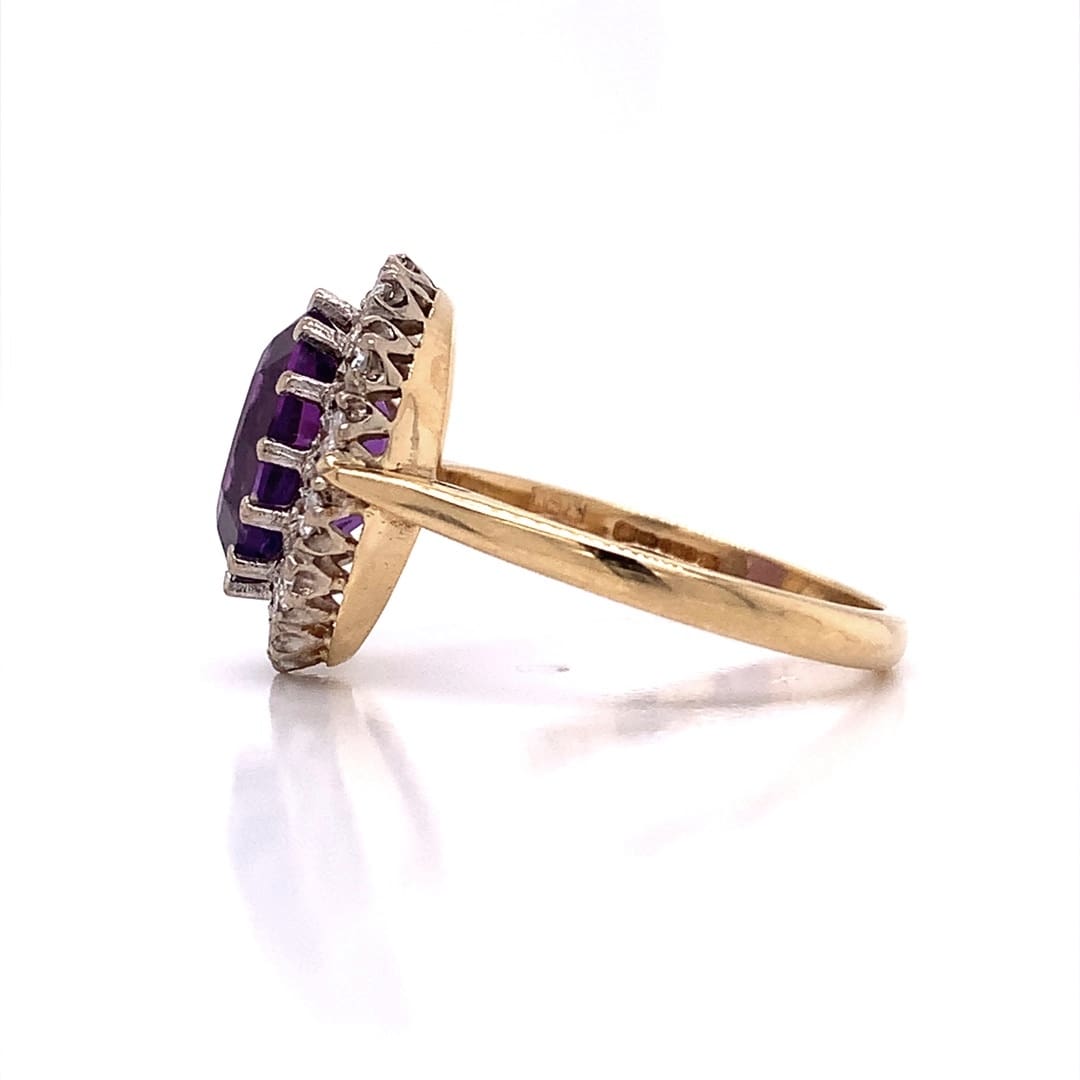 1980's Amethyst and Diamond Cluster Gold Ring