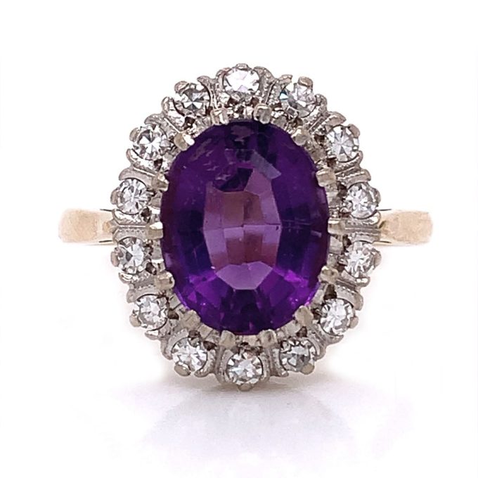 1980's Amethyst and Diamond Cluster Gold Ring