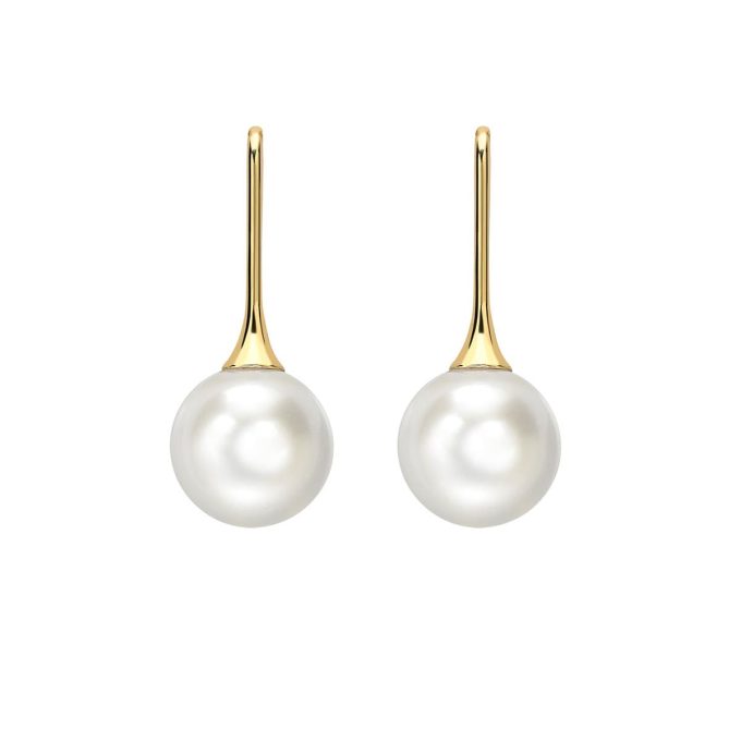 Yellow Gold Freshwater Pearl Long Hook Earrings