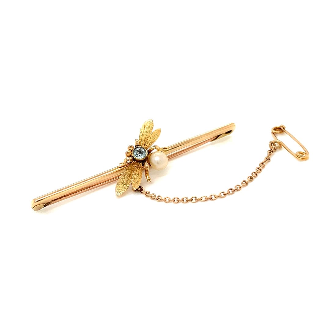 Antique Aqua & Pearl Bee Brooch