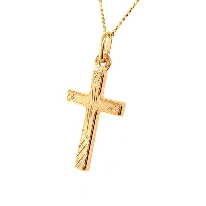 Yellow Gold Engraved Cross Necklace