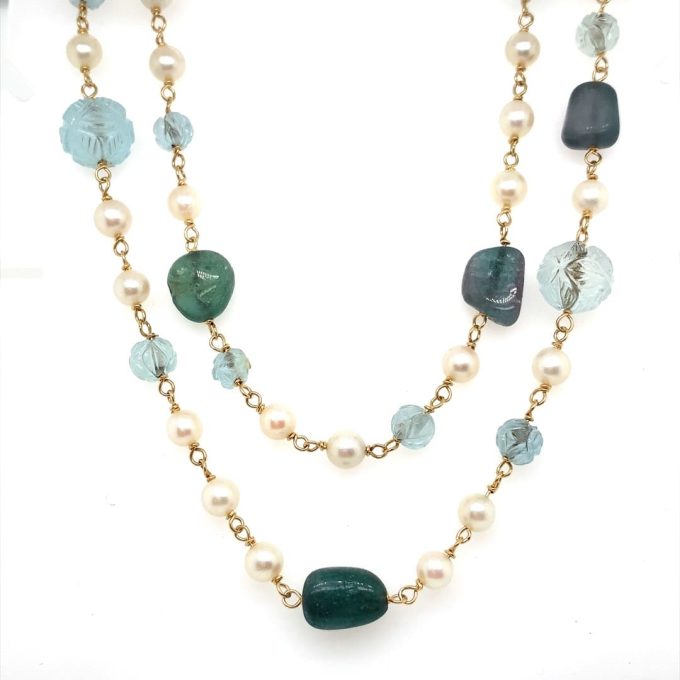 Long Pearl and Aquamarine Carved Bead Necklace