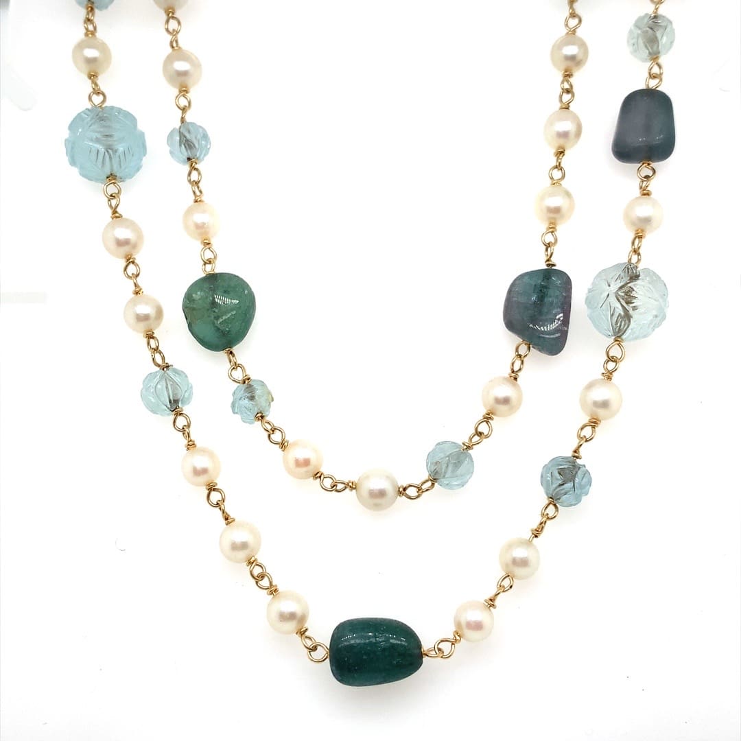 Long Pearl and Aquamarine Carved Bead Necklace