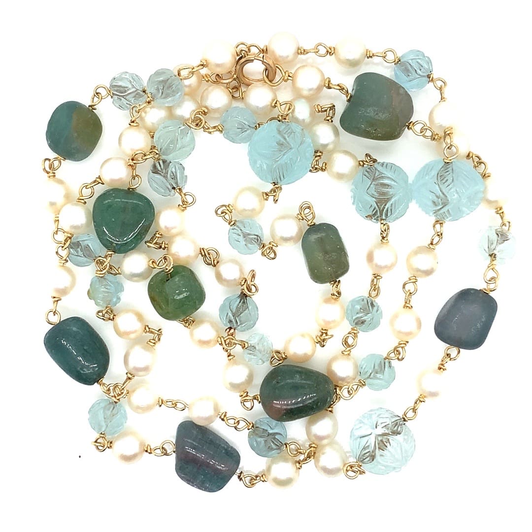 Long Pearl and Aquamarine Carved Bead Necklace