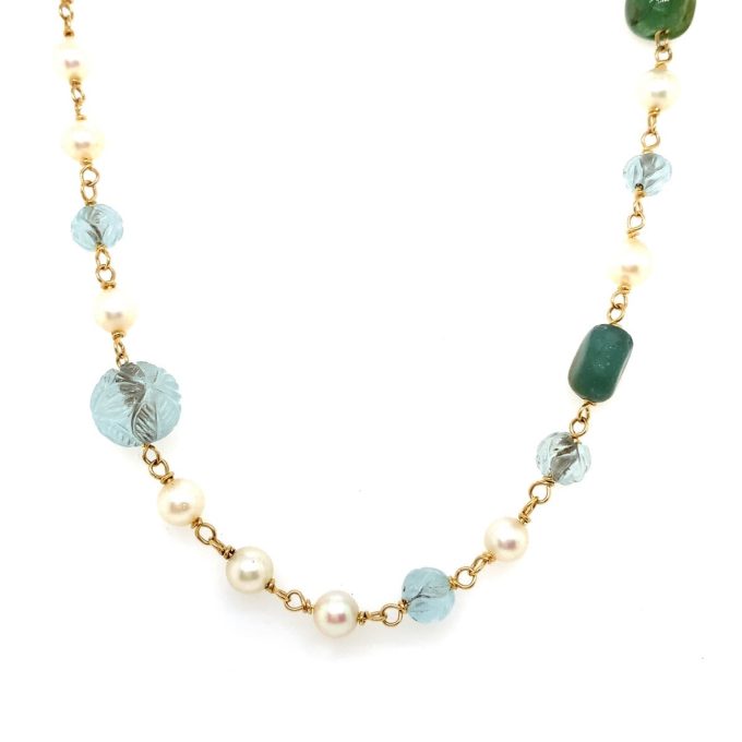 Long Pearl and Aquamarine Carved Bead Necklace