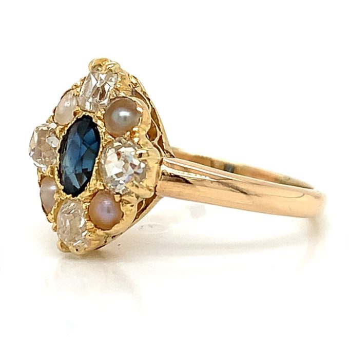 Antique Sapphire Pearl & Diamond Cluster Ring