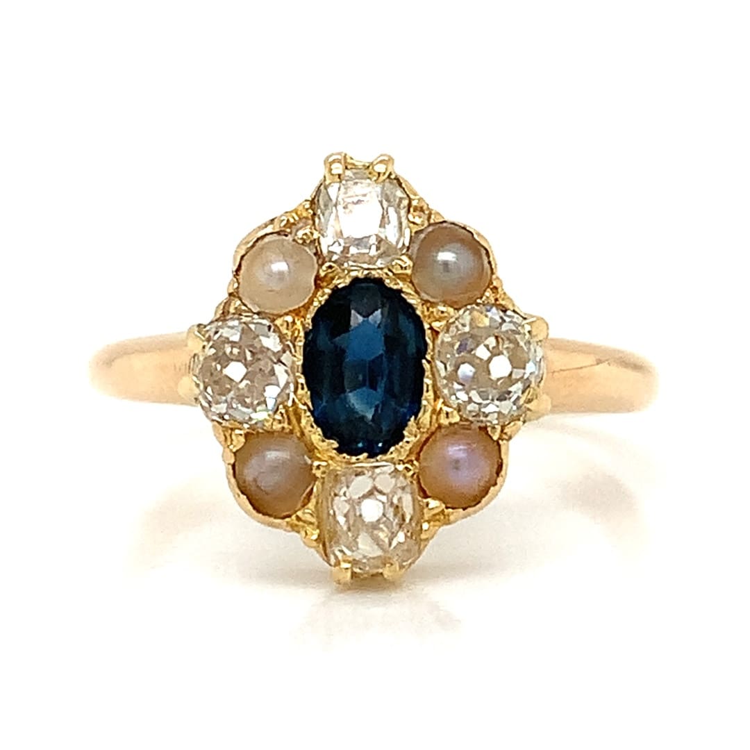 Antique Sapphire Pearl & Diamond Cluster Ring
