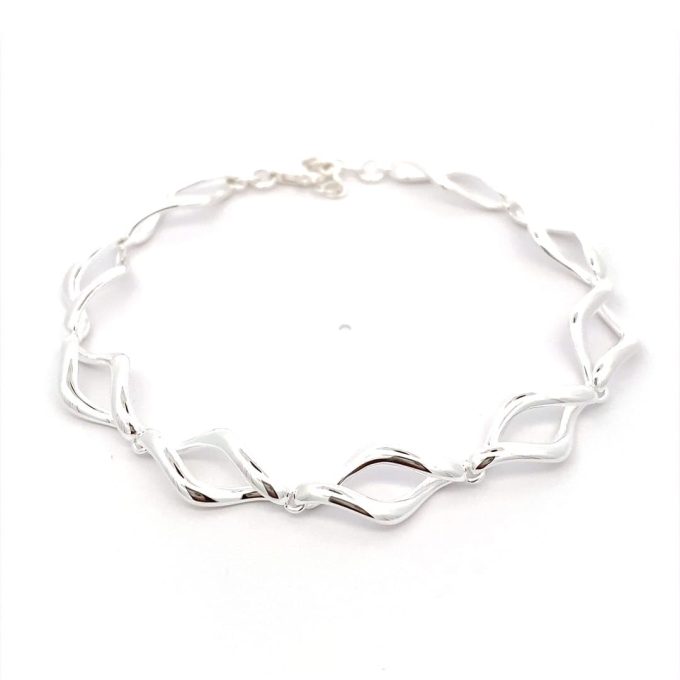Silver Waved Navette Link Bracelet