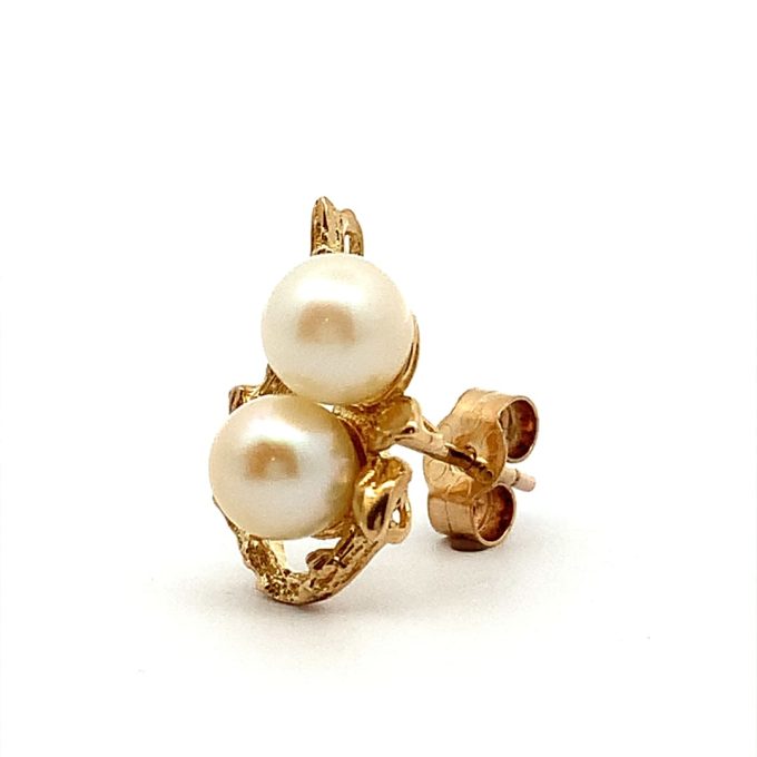 Yellow Gold Vine Pearl Stud Earrings